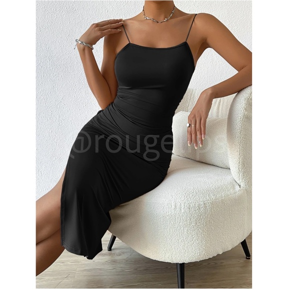 Twisted Back Cami Spaghetti Strap Black Midi Dress High Leg Slit - Picture 11 of 16